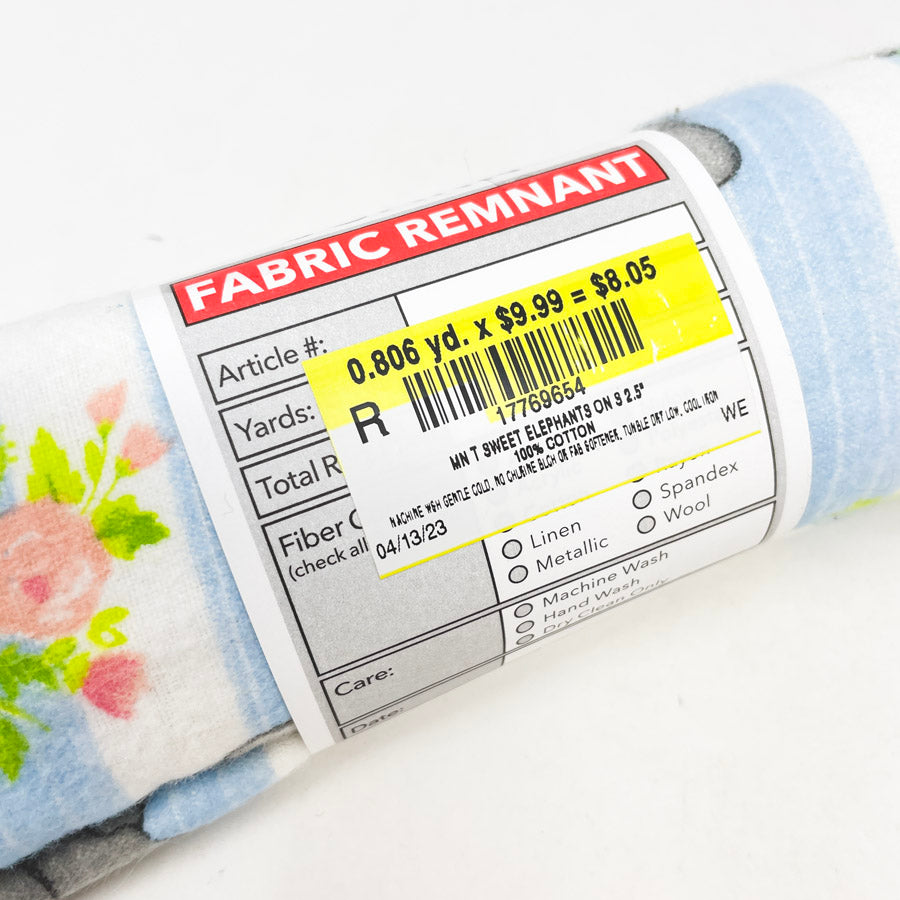 0.8 Yd. Elephants Flannel Fabric Remnant