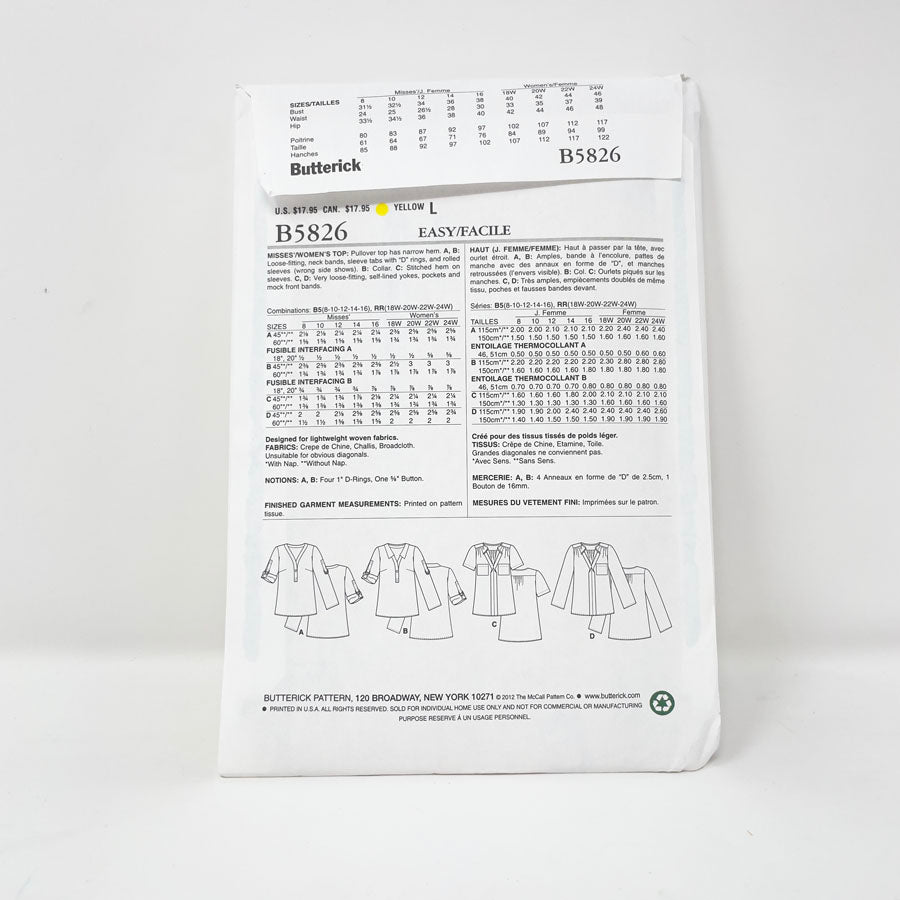 2012 Butterick Sewing Patterns B5826 - Misses Top
