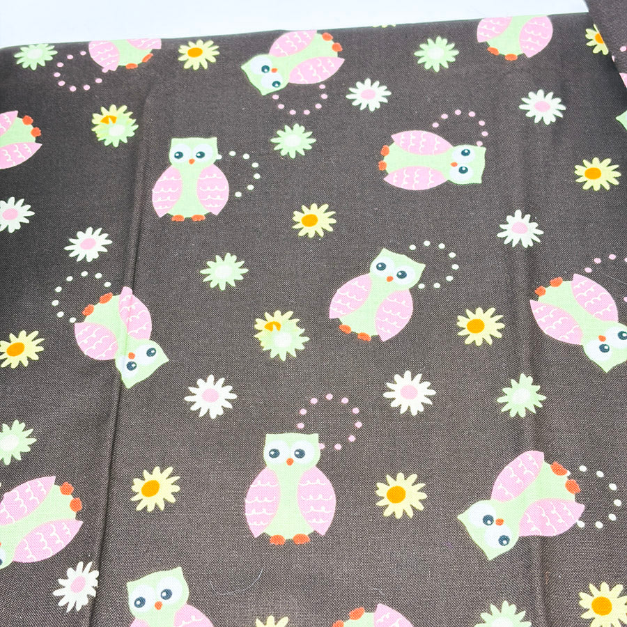 Appx 1 yd - Owls on Brown Cotton Fabric