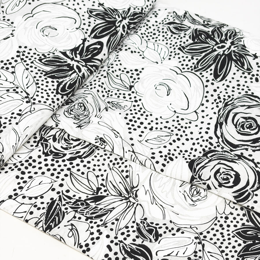 Appx 3 Yds Black and White Sketchy Floral Fabric