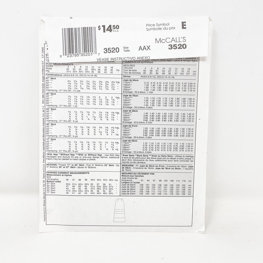 3520 Button Front Skirt Pattern (4-10)- McCall's - 2002