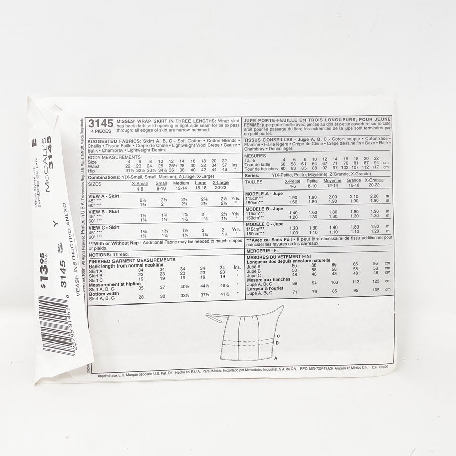 3145 Wrap Skirt Pattern (XS-M)- McCall's - 2001