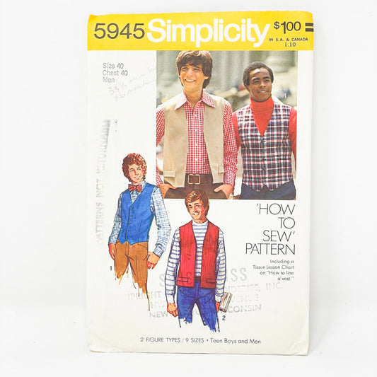 Vintage Simplicity Men's Vest Sewing Pattern 5945 - Size 40