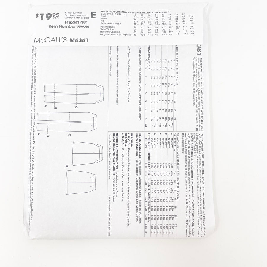 2011- McCall's- M6361- Pants- Size 16-22