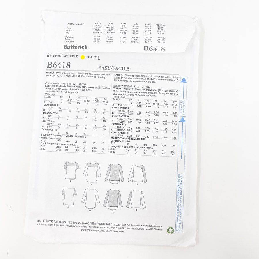 2016-Butterick-B6418-Tops- Sizes LRG, Xlg, Xxl