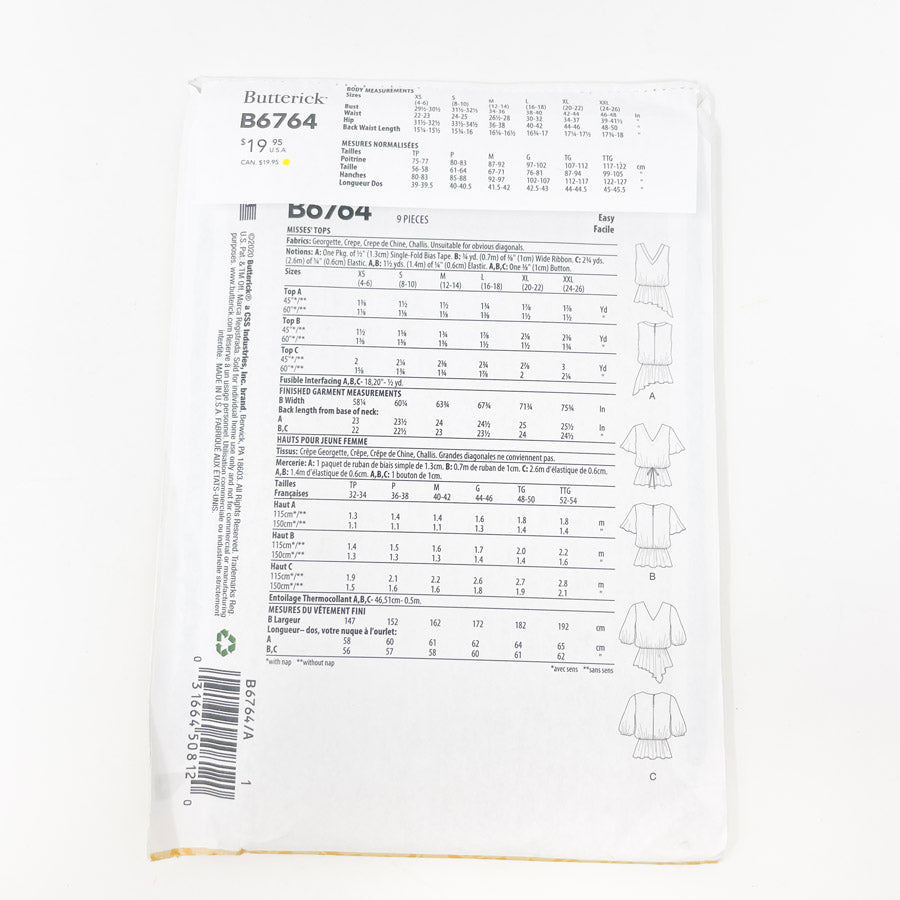 2020- Butterick- B6764- Tops- Sizes XS-XXL