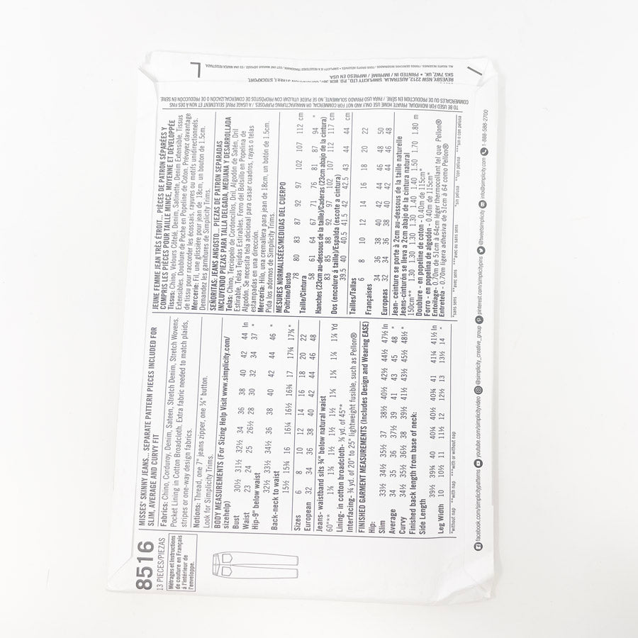 2017- Simplicity- 8516- Skinny Jeans- Size 6-14