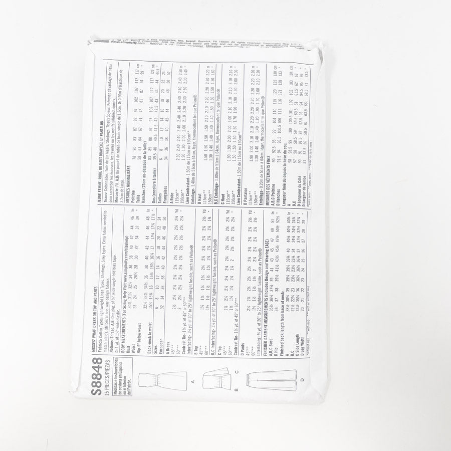 2019- Simplicity-S8848- Wrap Dress,Top, or Pants- Size 16-24