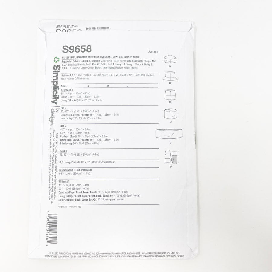 2022- Simplicity- S9658- Hats, Headbands, Mittens,Cowl Scarf, Size S-L