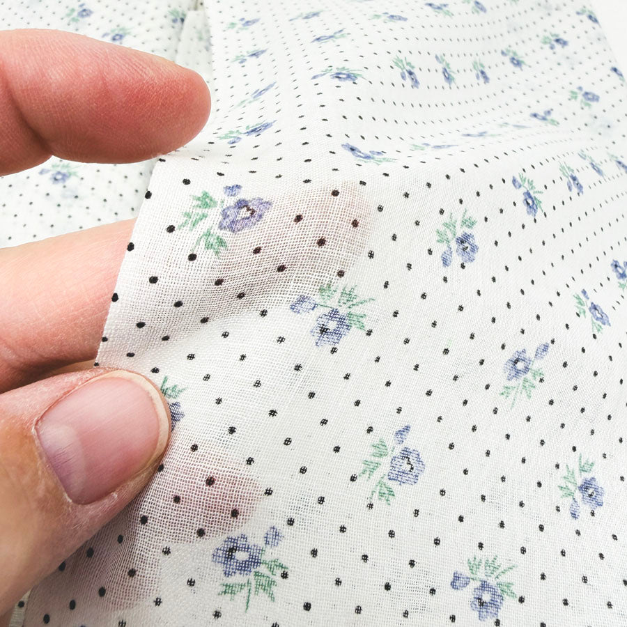 44" x 1 yd. Blue Flowers and Dots Poly Blend Gauze Fabric