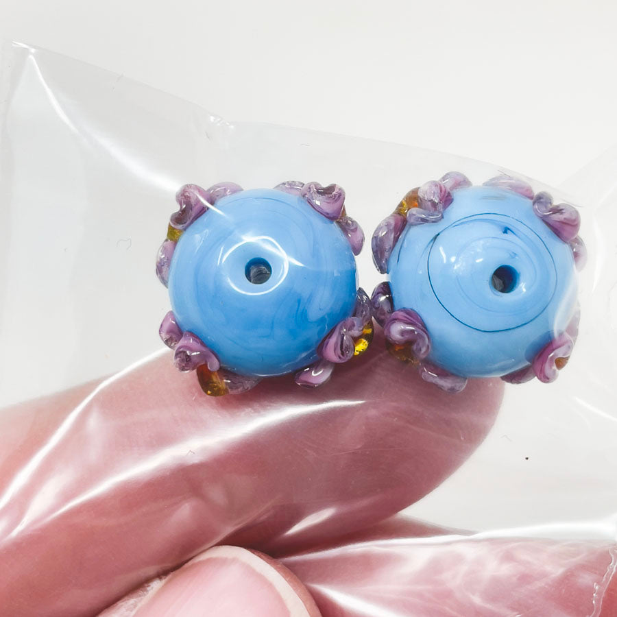Floral Lampwork Glass Beads in Blue and Pink