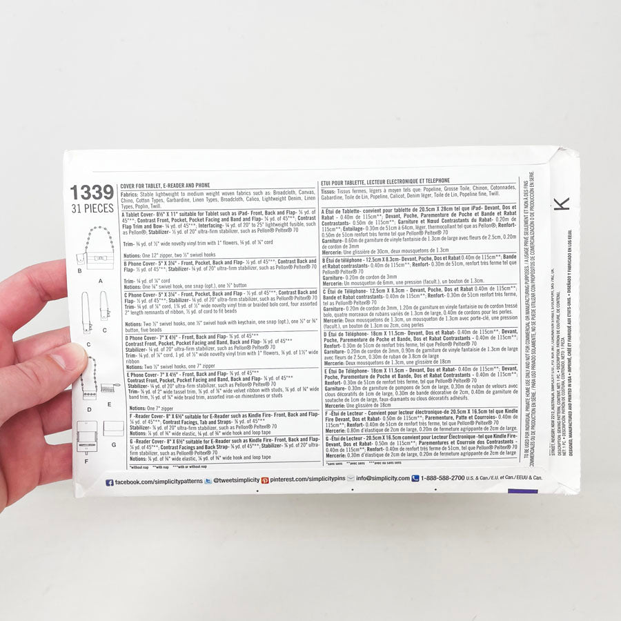 Simplicity 1339 Sewing Pattern - Cover for Tablet, E-Reader and Phone