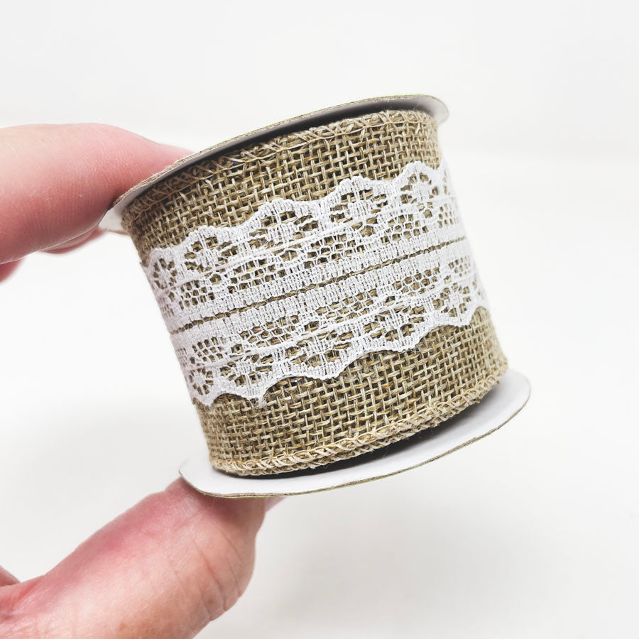 Floral Garden White Lace and Tan Burlap Ribbon- 2" Wide