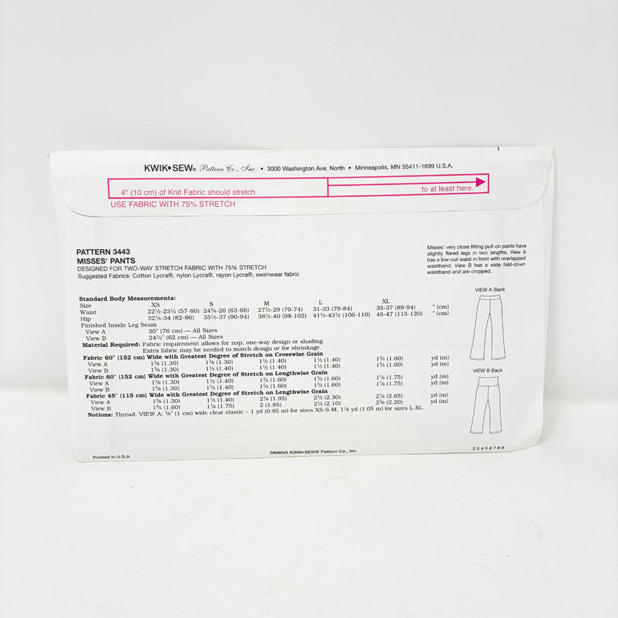 2012 Kwik Sew Sewing Pattern 3443 Size XS - XL