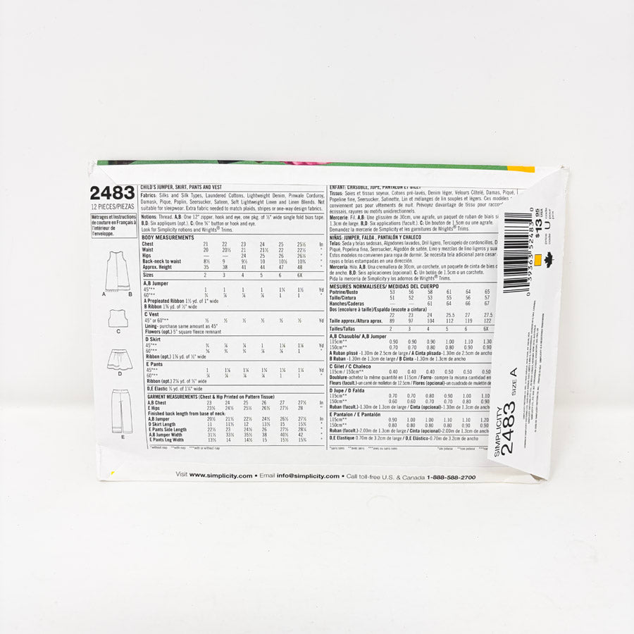 Simplicity Sewing Pattern 2483 Size A 2 - 6X