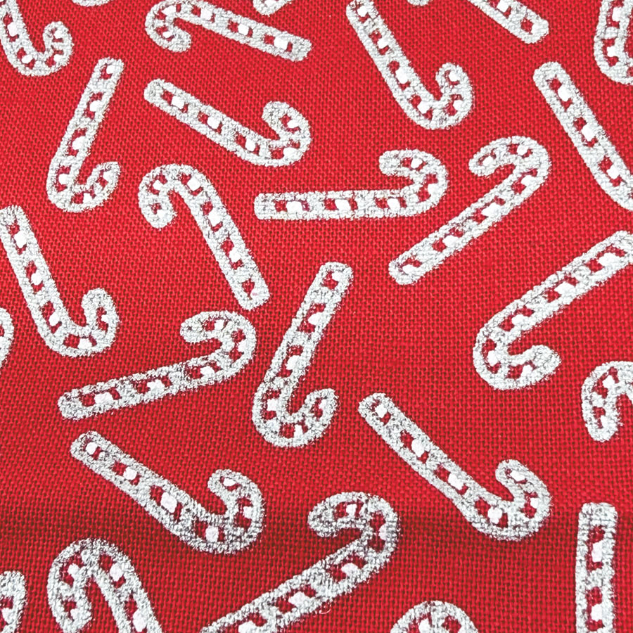 42" x 1 yd Silver Candy Canes on Red Cotton Fabric