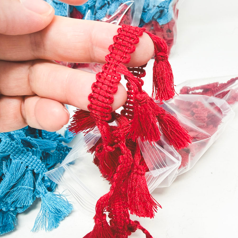 Aqua and Red Tassel Fringe Trim With Braided Gimp Header