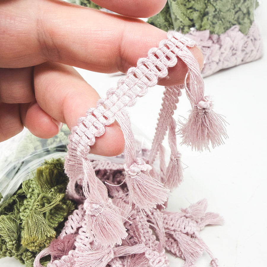 Pink and Sage Tassel Fringe Trim With Braided Gimp Header