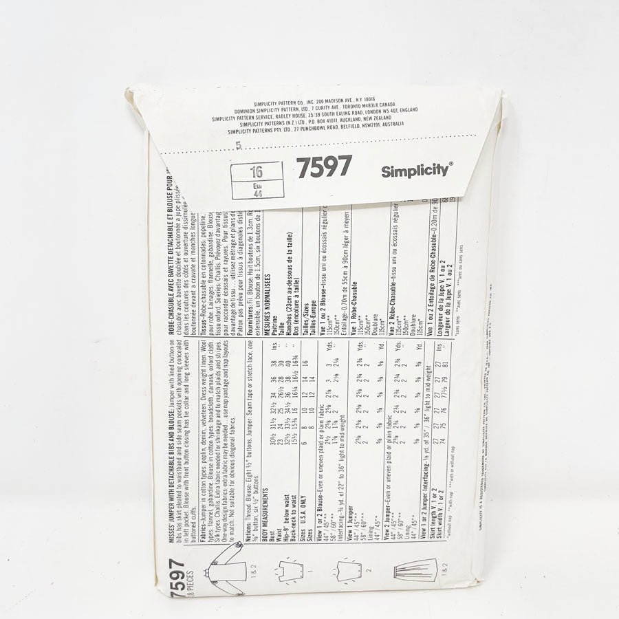 Vintage 1986 Simplicity Dress - 7597 - Size 16