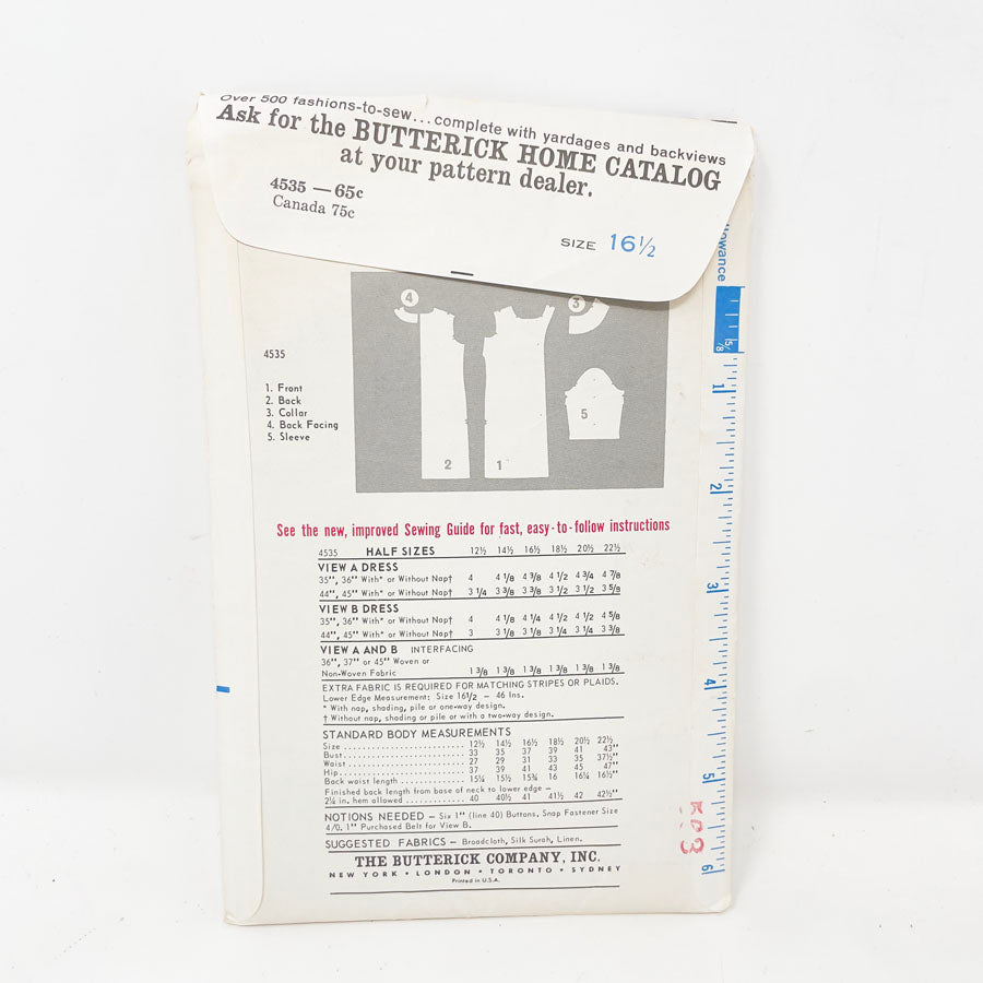 Vintage 1960s Butterick Dress - 4535 - 16.5