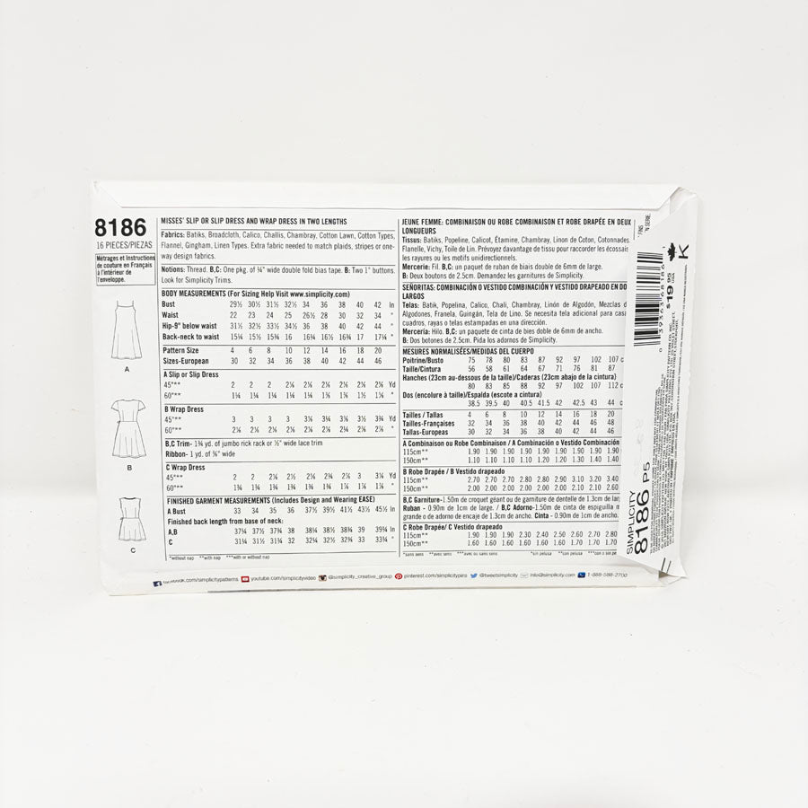2016 Simplicity/Dottie Angel Sewing Pattern - Slip Dress - 8186 - Size 12-20