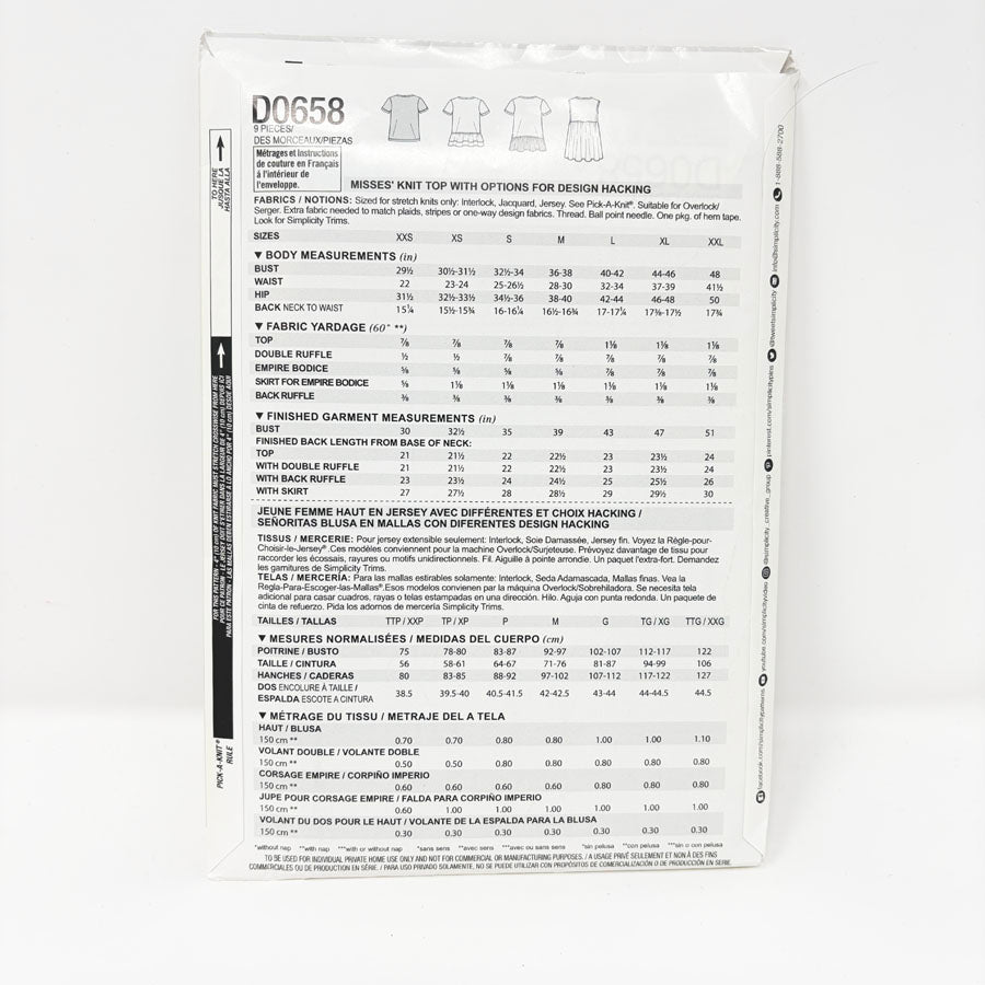 2017 Simplicity Sewing Pattern - Top - D0658 - Size XXS-XXL
