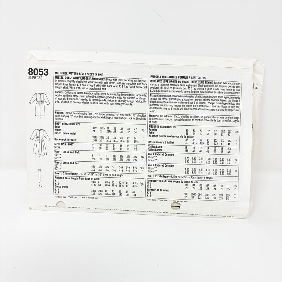 1992 Simplicity Sewing Pattern - Dress - 8053 - Size 8-20