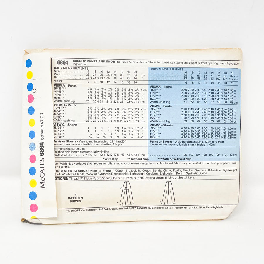 6864 Bottoms Pattern  (10-14) - McCall's - 1970s