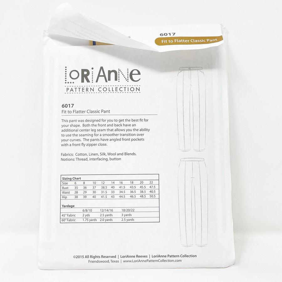 2015 LoriAnne Sewing Pattern 6017 Fit to Flatter Classic Pant Size 6 - 22