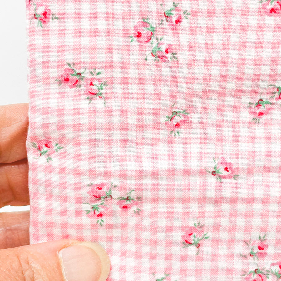 1 Yds x 44" Pink Floral Gingham Vintage Cotton Fabric