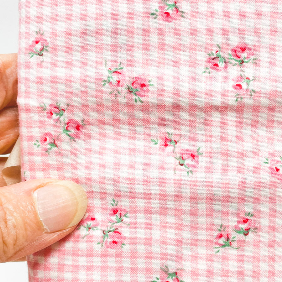 4 Yds x 44" Pink Floral Gingham Vintage Cotton Fabric