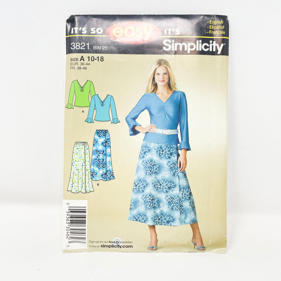 Simplicity 3821 Sewing Pattern - Top/Skirt (10-18)