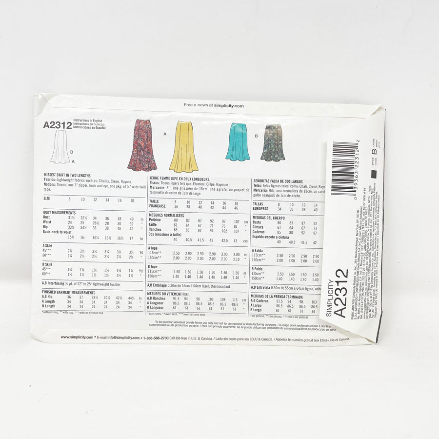 Simplicity A2312 Sewing Pattern - Skirt (8-18)