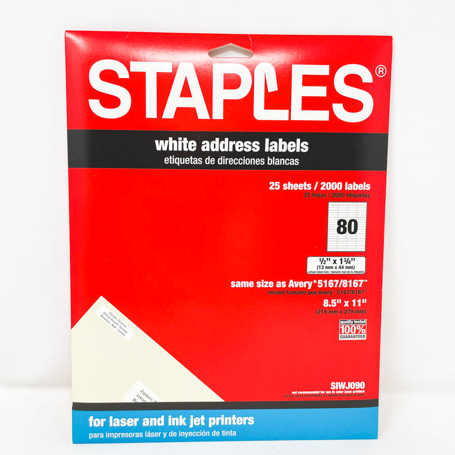 Staples White Address Labels  1/2" x 1 3/4"