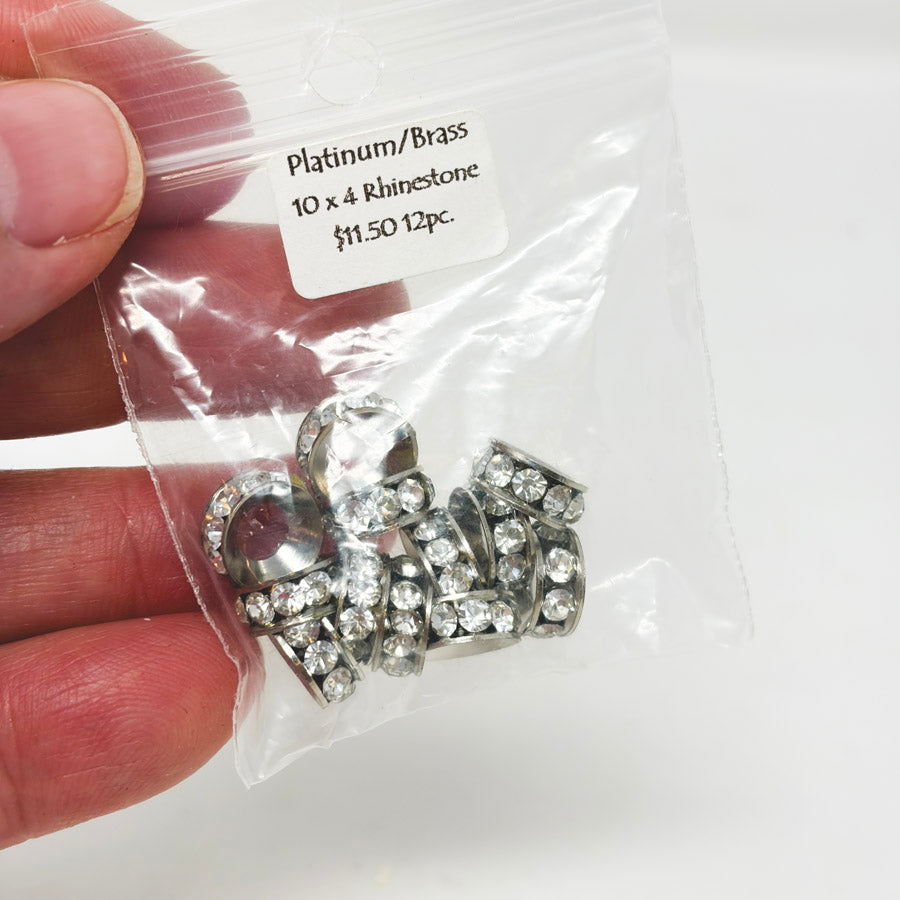 Platinum/Brass 10x4 Rhinestone Beads (12)
