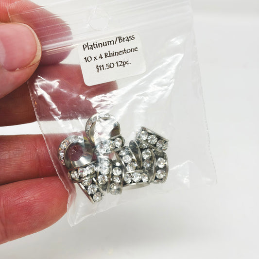 Platinum/Brass 10x4 Rhinestone Beads (12)