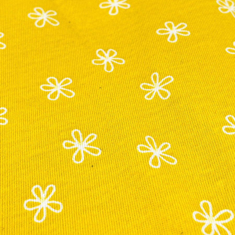 1 yd x 54" White Flowers on Yellow Jersey/Stretch T-Shirt Fabric