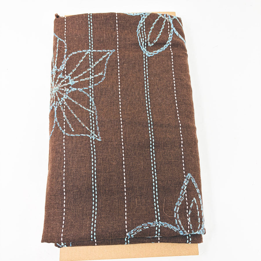 49" x 53" Blue Stitched Floral & Stripe Brown Mid-Weight Fabric
