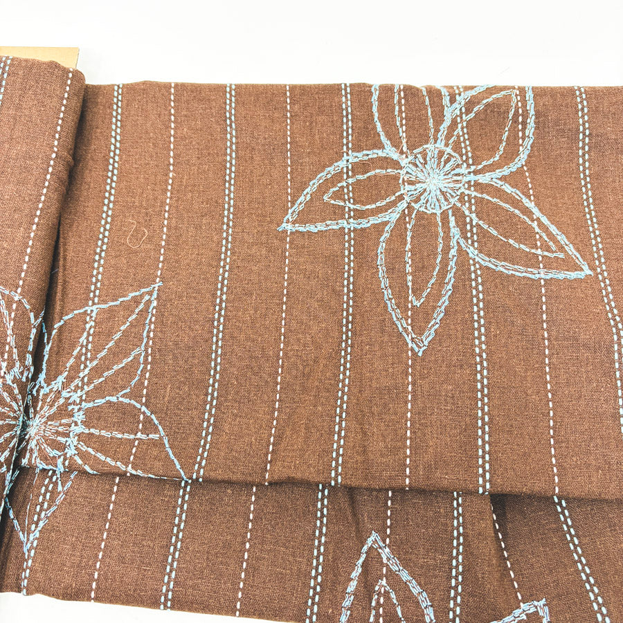 49" x 53" Blue Stitched Floral & Stripe Brown Mid-Weight Fabric