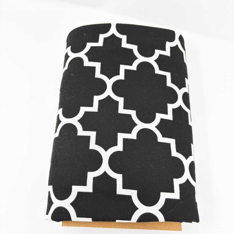 58" x 172" Black & White Quatrefoil Heavyweight Stretch Jersey Fabric