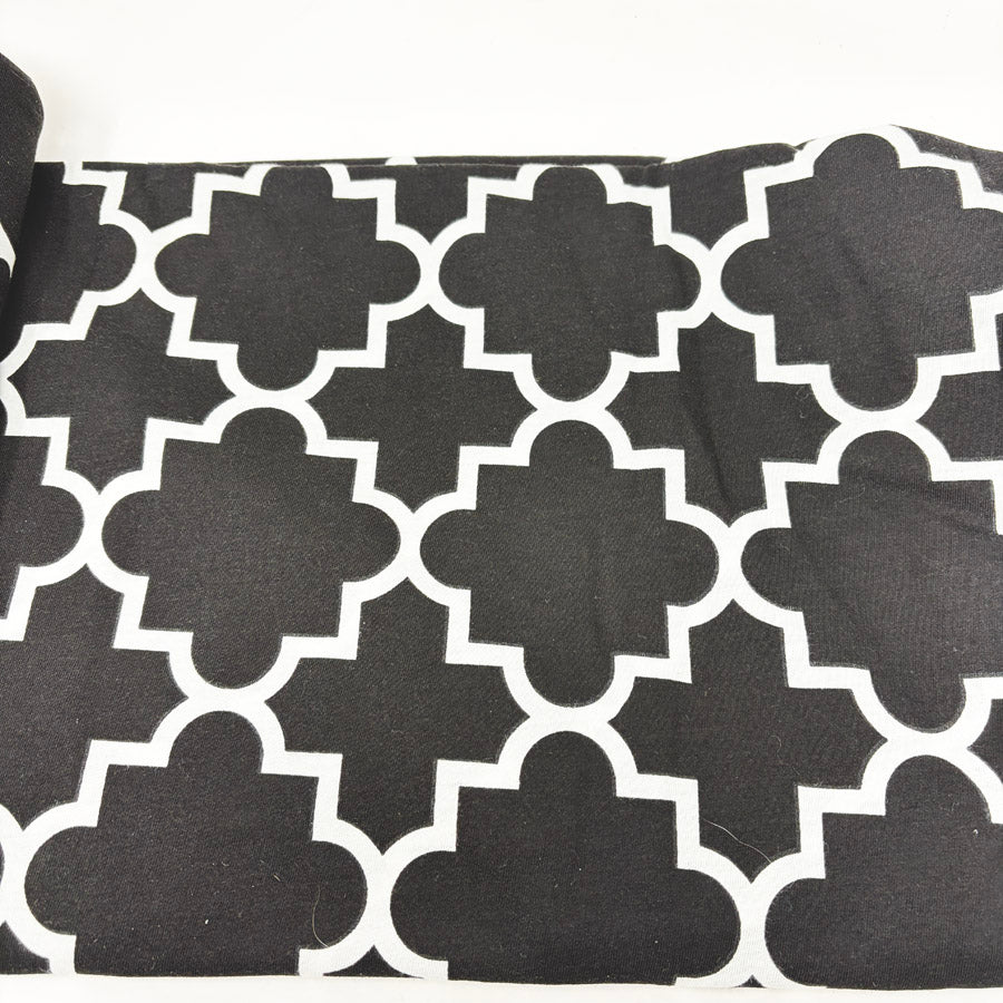 58" x 172" Black & White Quatrefoil Heavyweight Stretch Jersey Fabric