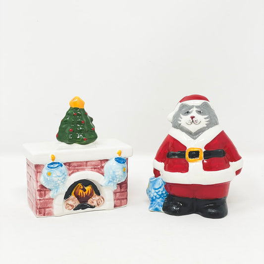 Christmas Fireplace and Cat Santa Salt & Pepper Shaker Set