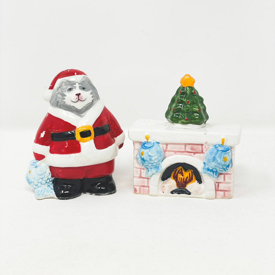 Christmas Fireplace and Cat Santa Salt & Pepper Shaker Set