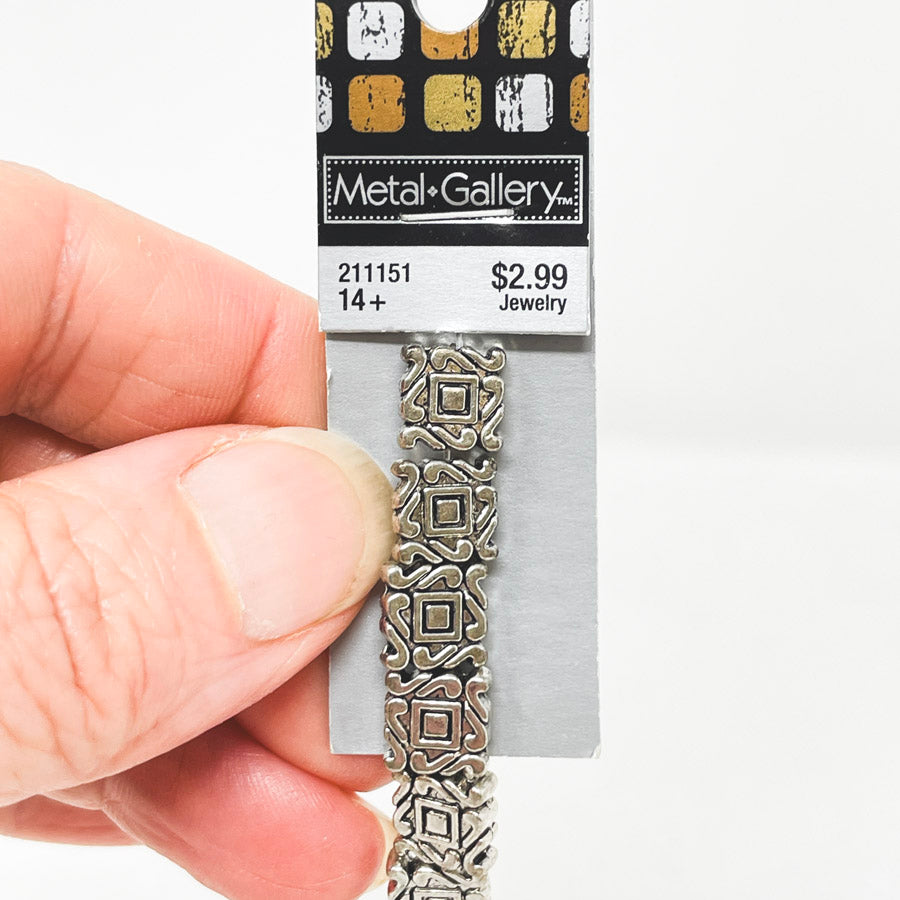 Metal Gallery Scroll Edge Square Silver Bead Strand