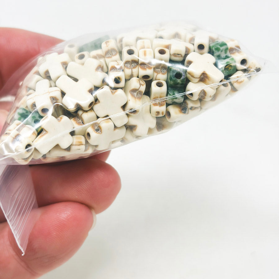 Cross Bead Mix – Howlite and Green/Orange Stone