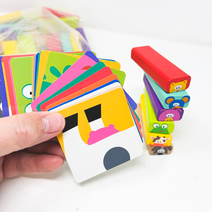 Wooden Block Game with Animal Pattern Cards