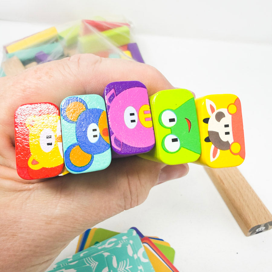 Wooden Block Game with Animal Pattern Cards