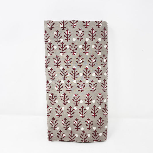 3 Yds x 44" Red and Taupe Stems Hand Block Printed Cotton Fabric