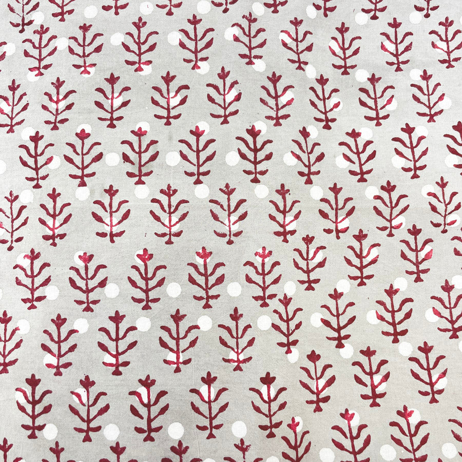 3 Yds x 44" Red and Taupe Stems Hand Block Printed Cotton Fabric