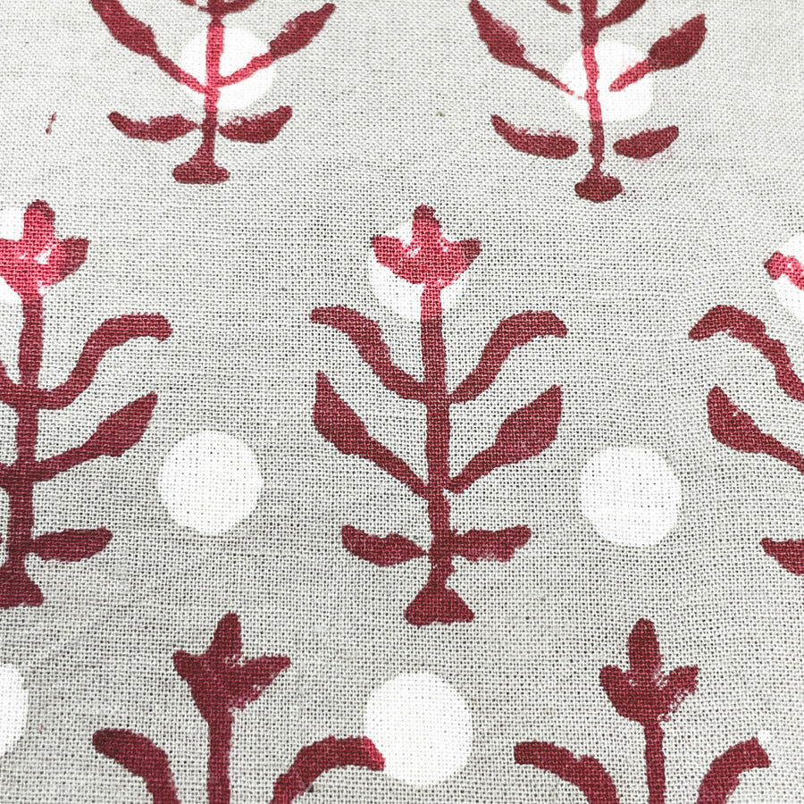 3 Yds x 44" Red and Taupe Stems Hand Block Printed Cotton Fabric